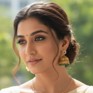 Traditional Gold-Plated Jhumka Earrings with Green Bead Droplets