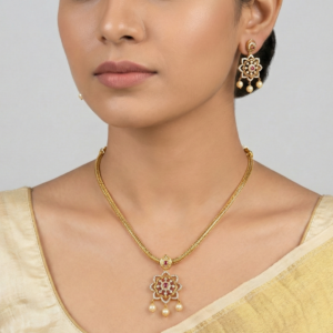 Gold-Plated Floral Mandala Necklace & Earrings Set with Ruby and Pearl Drops