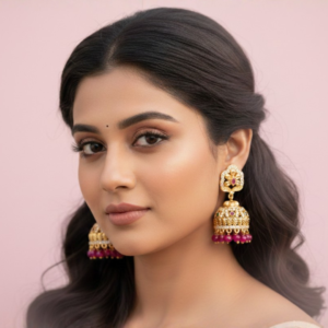Rose Gold-Plated Floral Jhumka Earrings with Ruby Pink Beads