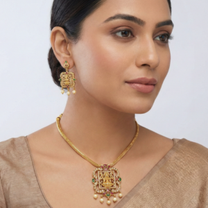 Antique Gold-Plated Temple Jewellery Set with Pendant and Matching Earrings