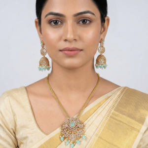 Floral Pendant Set with Mint Green Beads and Matching Jhumkas