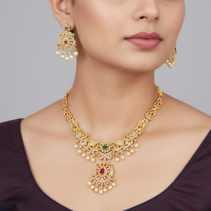 Traditional Gold-Plated Emerald and Ruby Studded Necklace Set with Matching Jhumkas