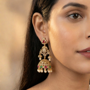 Emerald Stone Gold-Plated Jhumka Earrings with Pearl Droplets