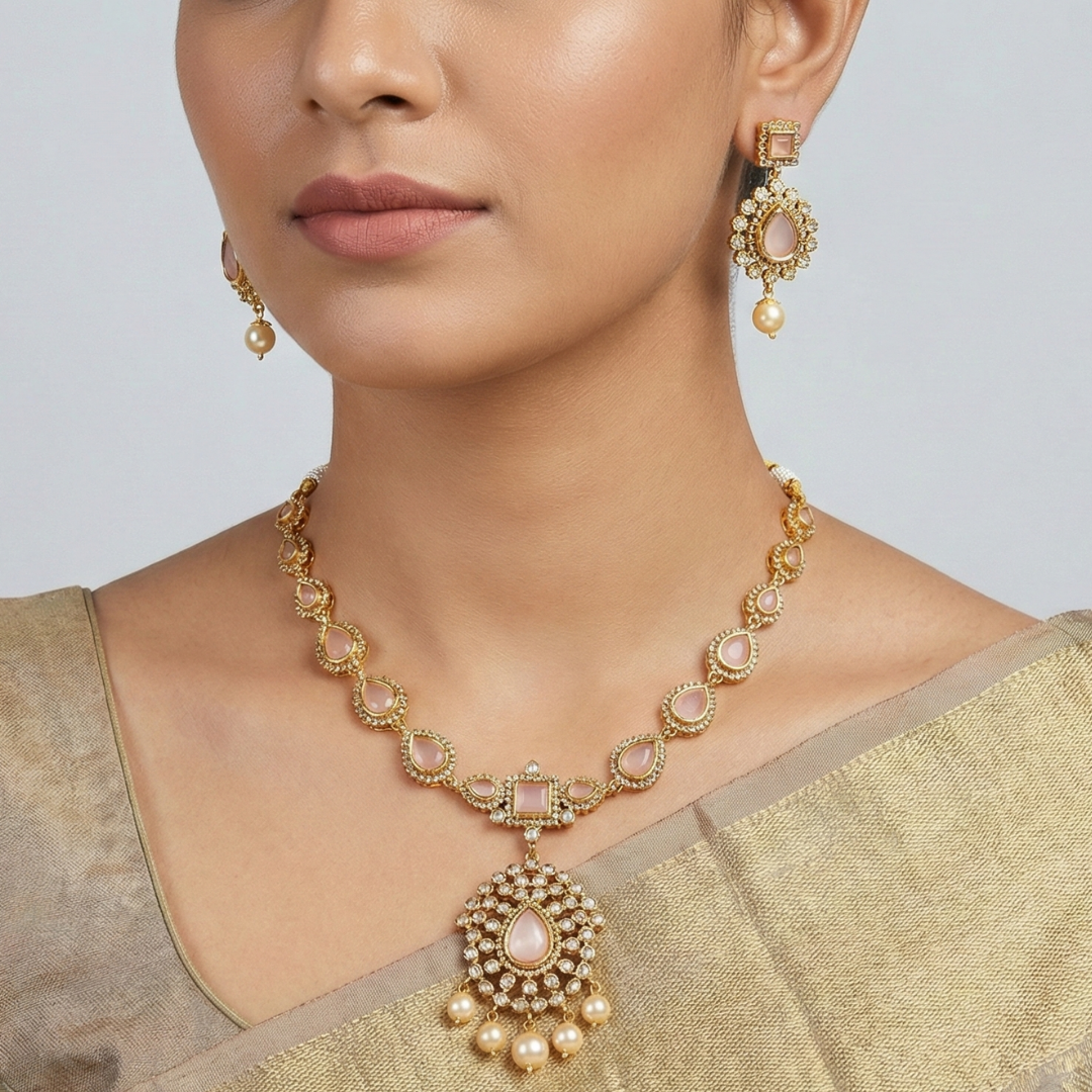 Elegant Rose-Gold Tone Kundan & Pink Stone Necklace Set - Image 2