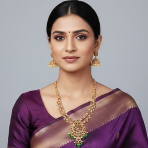 Majestic Heritage Gold-Plated Matte Finish Necklace Set with Jhumka Earrings