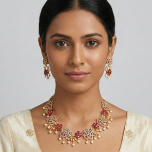 Botanical Bloom Rose-Gold & Ruby Floral Necklace Set with Pearl Accents