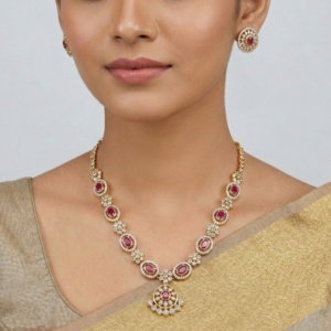 Elegant Ruby & Cubic Zirconia Floral Gold-Plated Necklace Set