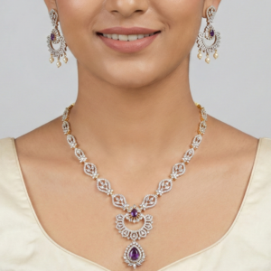 Royal Amethyst & Diamond-Style Chandbali Jewelry Set