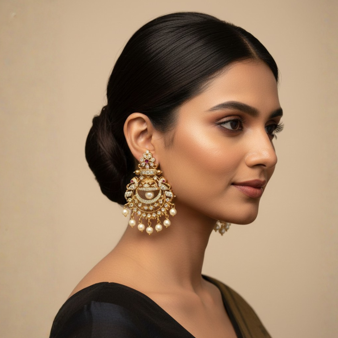 Antique Gold-Plated Earrings with White Stones and Pearl Drops - Image 2