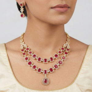 Elegant Dual-Layer Ruby-Red Stone Choker Set with Teardrop Pendant and Matching Drop Earrings