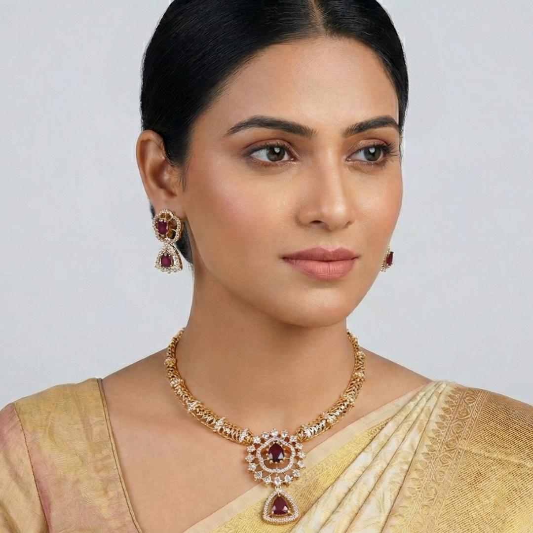 Elegant Gold-Plated Ruby-Red Floral Choker Necklace Set - Image 2