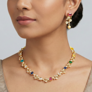 Ethereal Rainbow Flora: Multi-Color Stone Gold-Plated Necklace & Earring Set