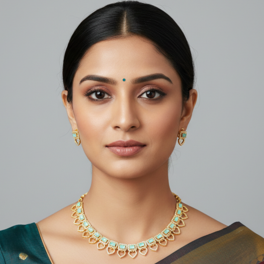 Elegant Heart-Drop Mint Green & American Diamond Choker Necklace Set - Image 2