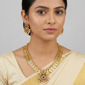 Traditional Gold-Plated Kasu Mala Necklace Set with Kemp Stones and Pearl Droplets