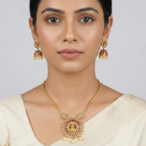 Gold-Plated Necklace & Jhumkas with Ruby Accents