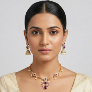Elegant Amethyst & Pearl Gold-Plated Jhumka Jewelry Set