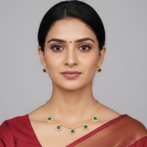 Floral Emerald-Green & Gold-Tone Necklace Set with Matching Stud Earrings