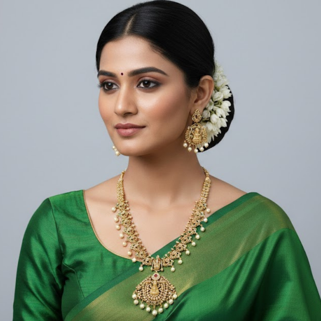 Divine Lakshmi Temple Jewelry Set – Antique Gold Finish Necklace with Matching Jhumkas - Image 2