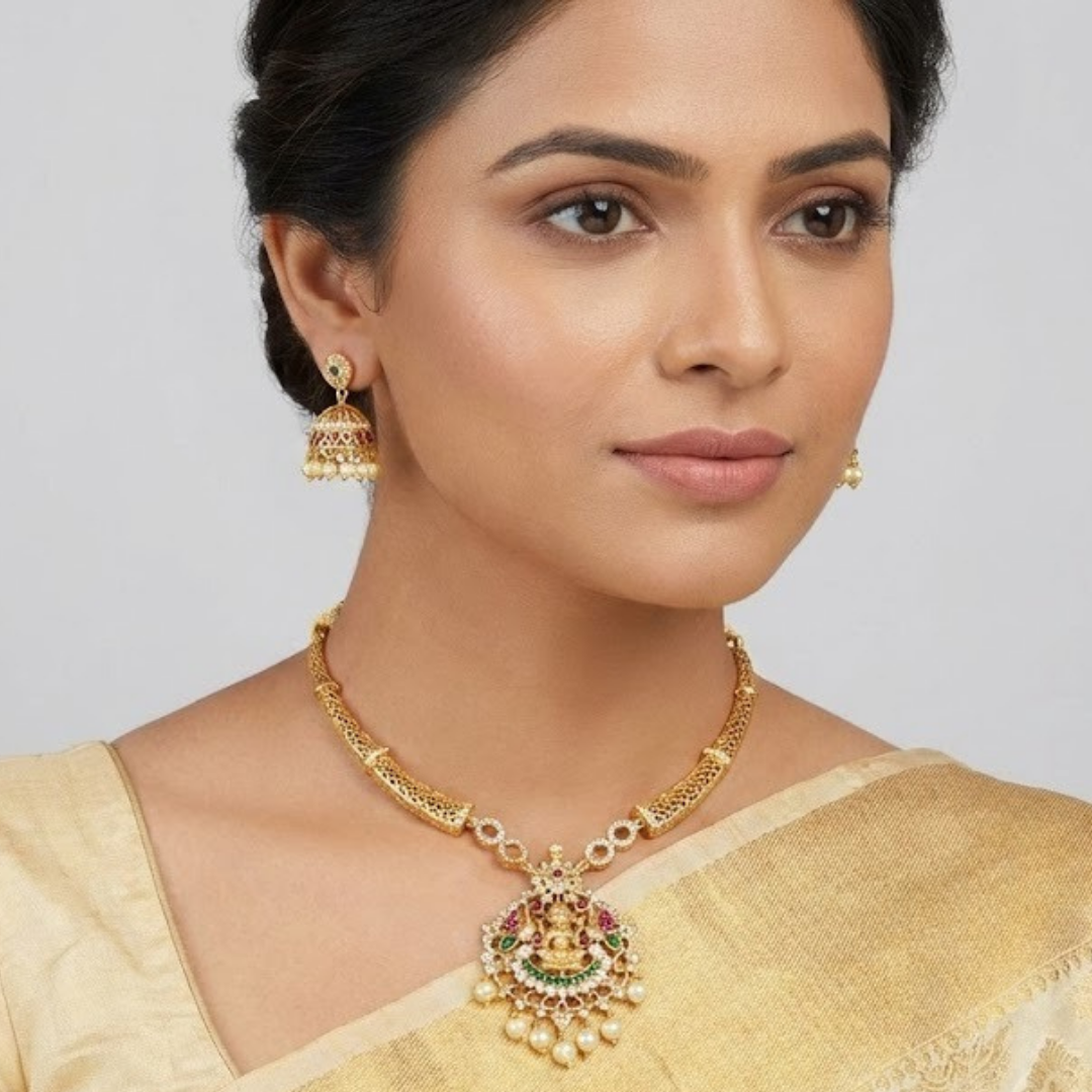 Antique Gold-Plated Lakshmi Temple Necklace Set with Matching Jhumkas - Image 2