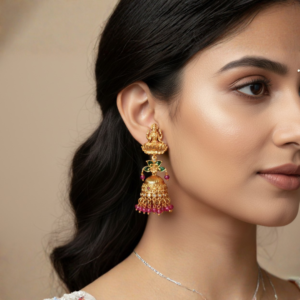 Lakshmi Temple Jhumkas with Emerald Green & Ruby Beads