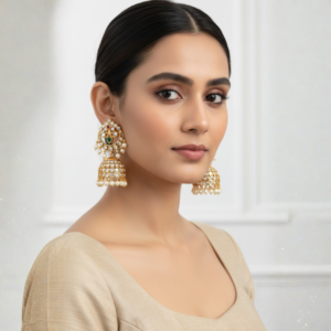 Elegant Gold-Plated Chandbali Jhumkas with Emerald & Ruby