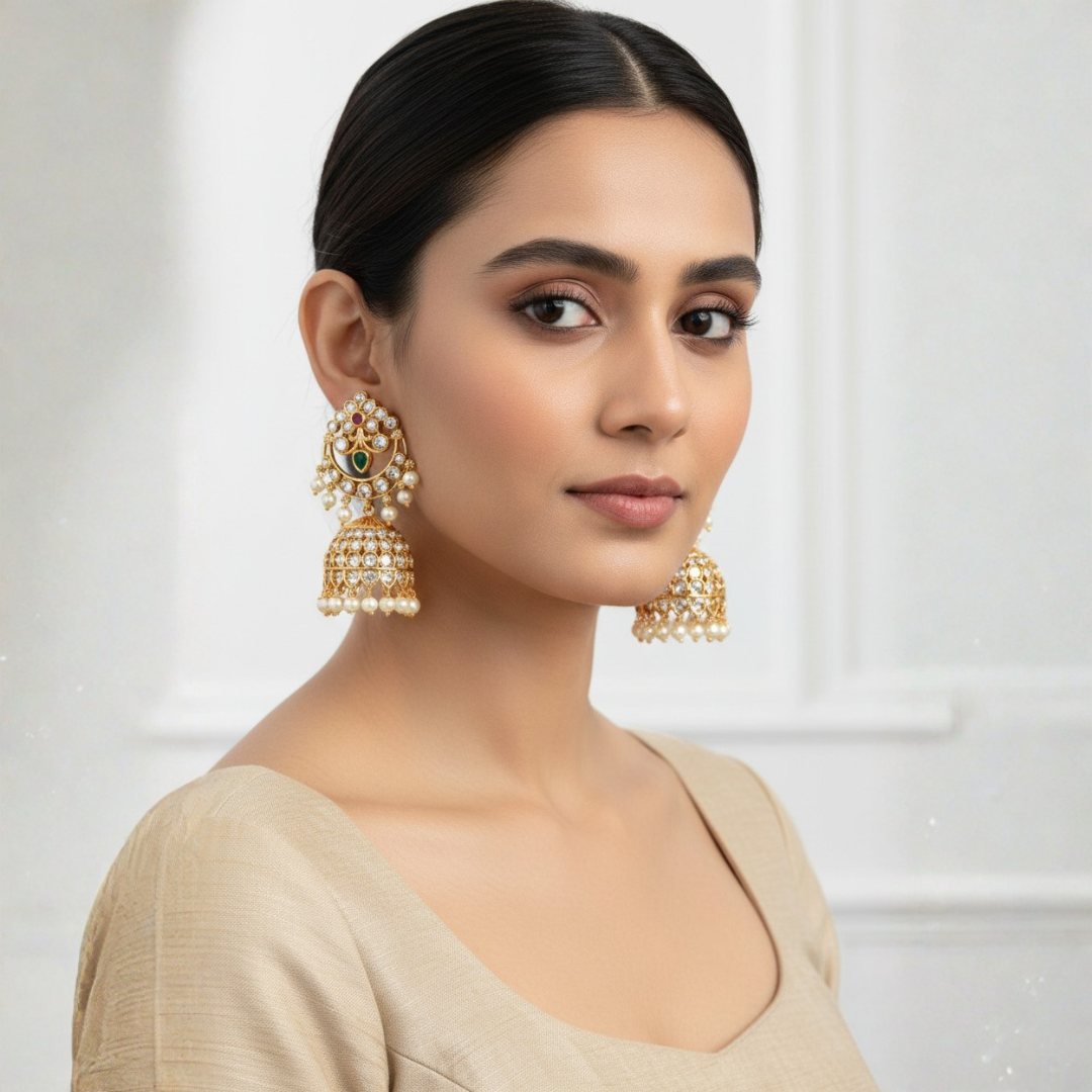 Elegant Gold-Plated Chandbali Jhumkas with Emerald & Ruby - Image 2