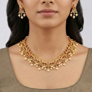 Royal Kemp & Pearl Guttapusalu Necklace Set with Traditional Floral Accents