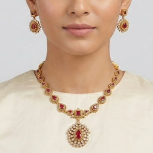 Elegant Ruby & White Stone Gold-Plated Necklace Set