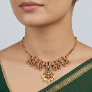 Antique Gold-Plated Choker Necklace with Kemp Stones and Pearl Droplets