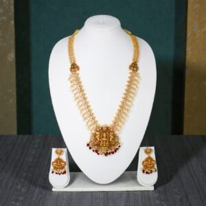 Antique Gold-Plated Goddess Lakshmi Temple Haram Set with Matching Jhumkas
