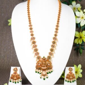 Antique Gold-Plated Goddess Lakshmi Temple Haram Set with Emerald & Ruby