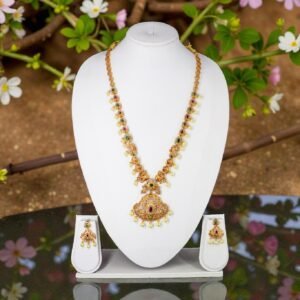 Traditional Gold-Plated Long Haram Necklace Set with Emeralds, Rubies, and Pearl