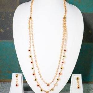 Traditional Gold-Plated Double Layered Long Necklace Set with Ruby & Emerald