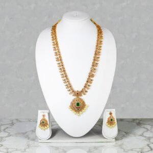 Antique Gold-Plated Long Haram Necklace Set with Emerald & Ruby Accents