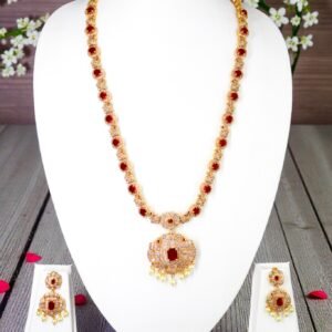 Exquisite Gold-Plated Ruby and White Stone Long Haram Necklace Set