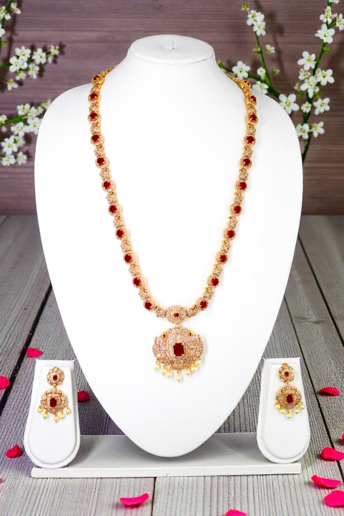 Exquisite Gold-Plated Ruby and White Stone Long Haram Necklace Set