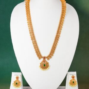 Traditional Gold-Plated Lakshmi Kasu Mala Long Necklace Set with Emerald & Pearl