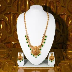 Antique Gold-Plated Lakshmi Motif Temple Jewellery Long Necklace Set with Emerald Green Drops