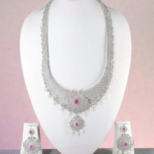 Exquisite Silver-Toned Bridal Haram Set with Ruby Pink Stones & Pearl Droplets