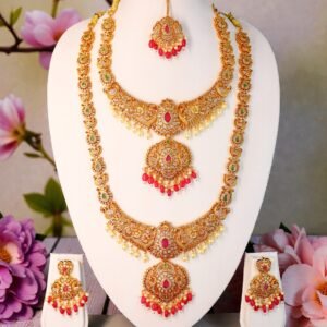 Exquisite Matte Gold-Plated Bridal Jewellery Set – Temple Design with Ruby, Emerald, and Pearl Accents (5-Piece Set)