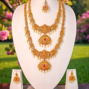 Traditional Matte Gold-Plated Temple Jewelry Set – Bridal Collection (5-Piece Set)