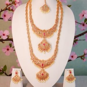 Exquisite Royal Temple-Style Gold Bridal Necklace Set (5-Piece Combo)