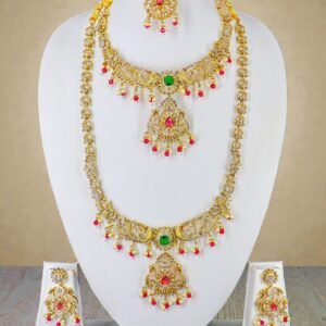 Exquisite Gold-Plated Bridal Jewellery Set with Ruby, Emerald, and Pearl Accents (5-Piece Set)