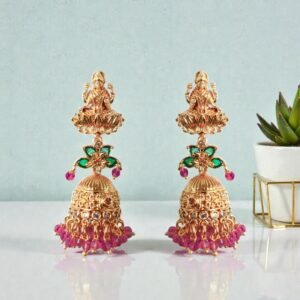 Lakshmi Temple Jhumkas with Emerald Green & Ruby Beads