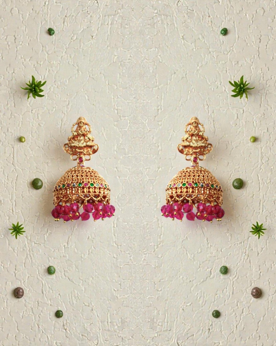Antique Gold Jhumkas with Ruby & Emerald Studded