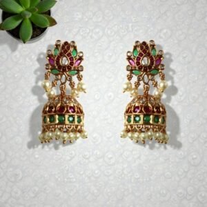 Antique Gold-Plated Kemp Stone Jhumka Earrings with Pearl Droplets