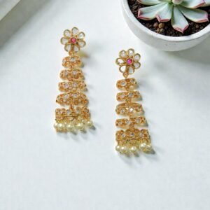 Antique Gold-Plated Tiered Floral Chandelier Earrings with Pearl Accents