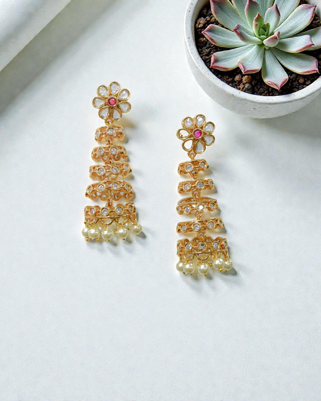 Antique Gold-Plated Tiered Floral Chandelier Earrings with Pearl Accents