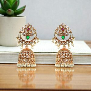 Elegant Gold-Plated Chandbali Jhumkas with Emerald & Ruby