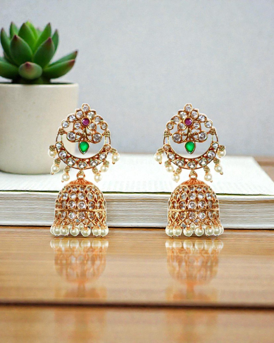 Elegant Gold-Plated Chandbali Jhumkas with Emerald & Ruby